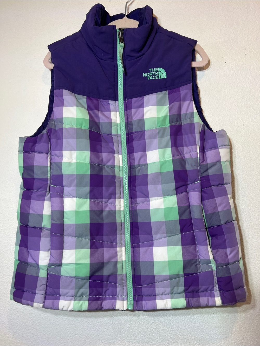 The North Face Girls Purple Plaid Puffer Vest with Mint Accents Size M (10-12)